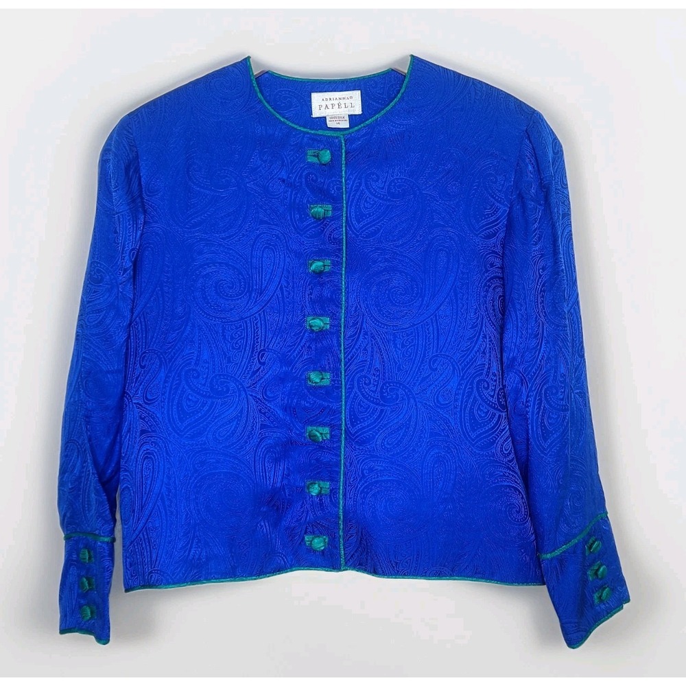 Vtg Adrianna Papell Womens Blue Green Trim 100% Silk Jacket Blazer 14 Retro Chic